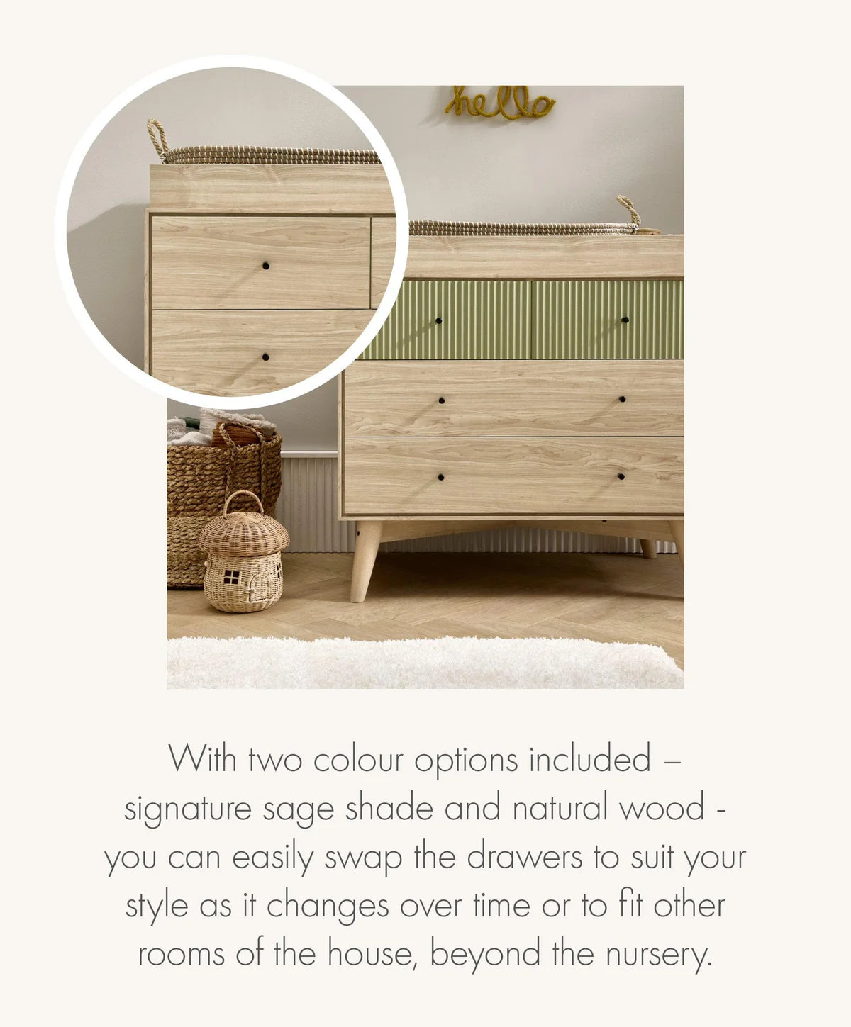 Coxley 3 Piece Cotbed Range with Dresser Changer & Wardrobe - Natural/Olive Green