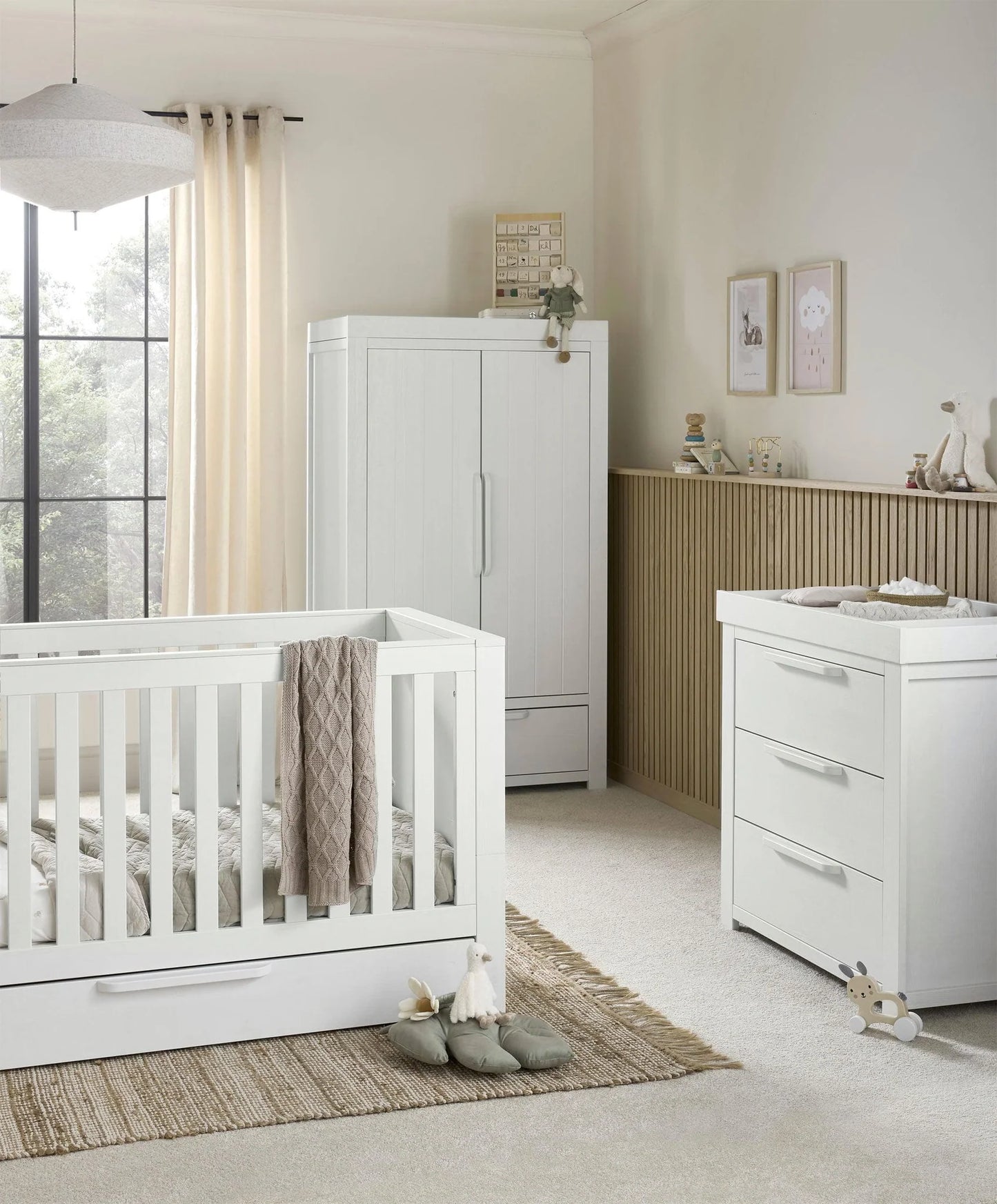 Franklin 3 Piece Cotbed Range with Dresser Changer & Double Wardrobe - White Wash