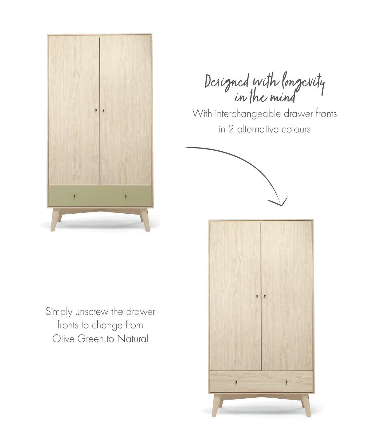 Coxley 3 Piece Cotbed Range with Dresser Changer & Wardrobe - Natural/Olive Green